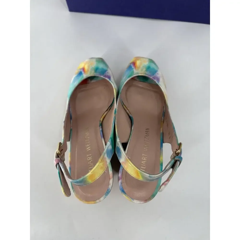 Stuart Weitzman Jean Slingback Wedges Sandals 5.5 Multicolor Patent Leather Peep